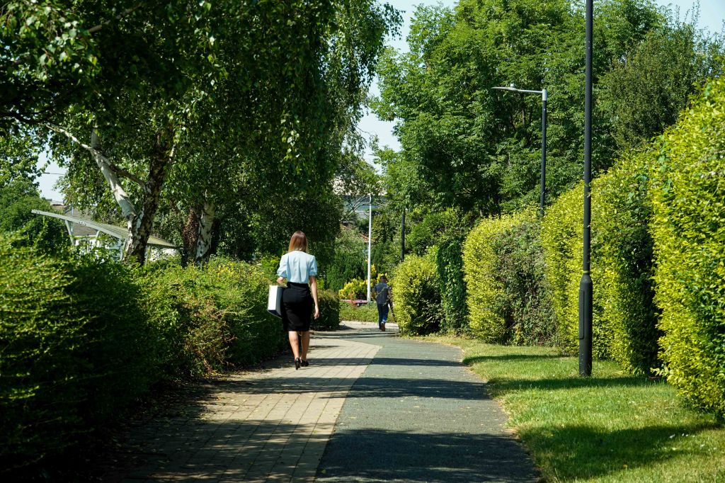 Pedestrian path in Nutgrove Office Park showing mature planting.